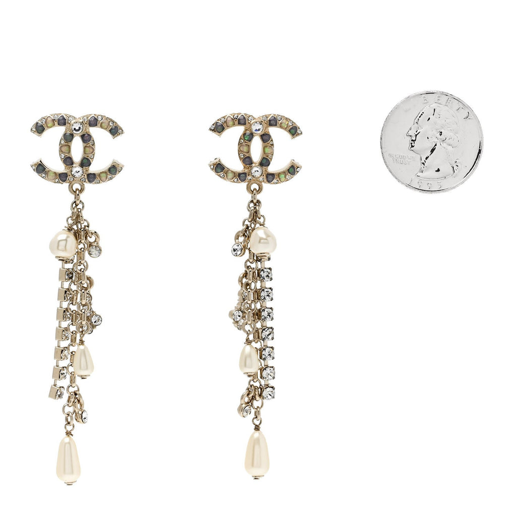 Crystal Pearl CC Chain Drop Earrings Multicolor
