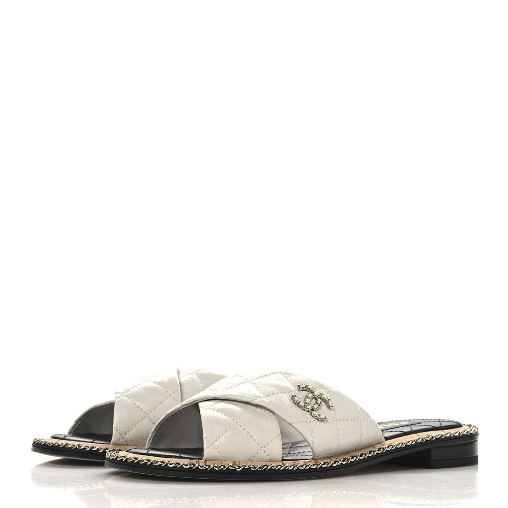 Shiny Lambskin Quilted  Metal Chain CC Sandals 36 White
