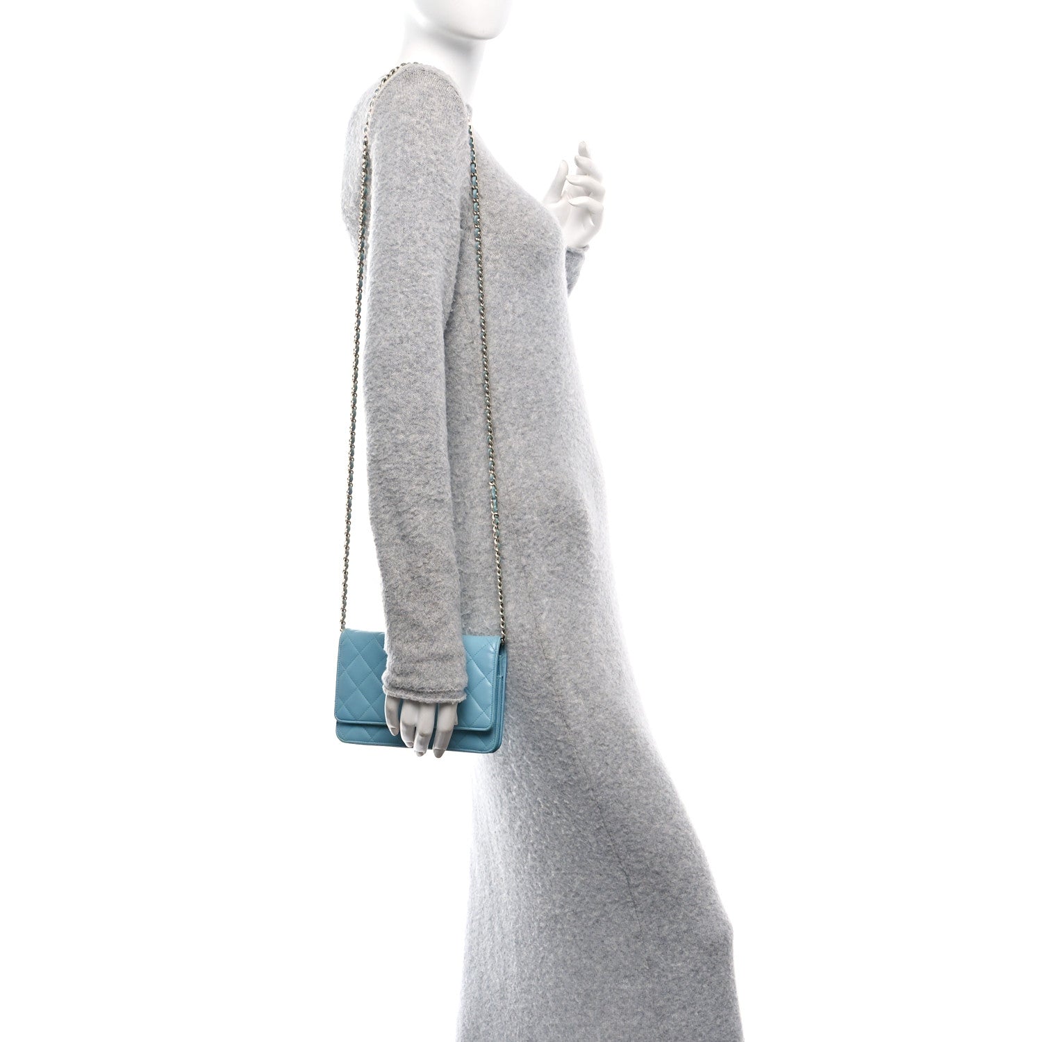 Lambskin Quilted Mini Wallet On Chain WOC Light Blue