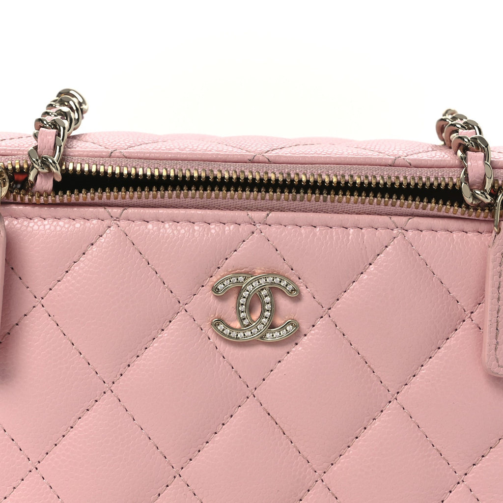 Caviar Quilted  Vanity Case With Chain Pink
