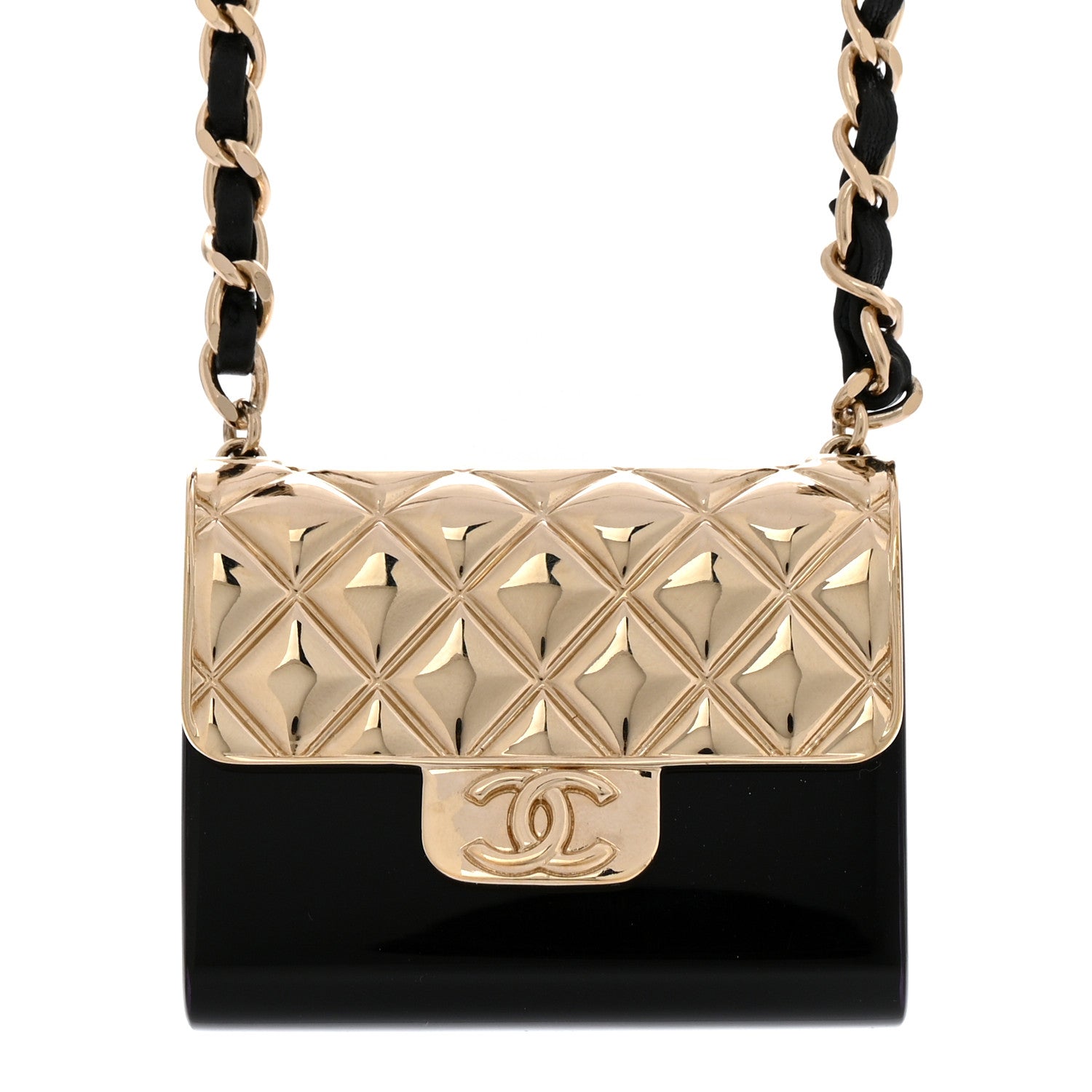 Metal Resin Lambskin Flap Bag Long Necklace Gold Black