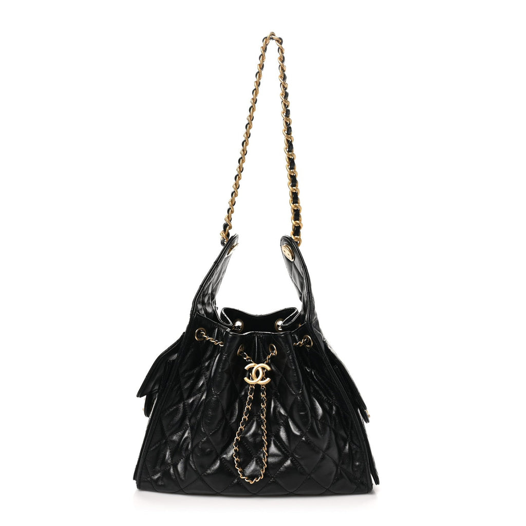 Shiny Calfskin Quilted Small Chanel 25 Handbag Black