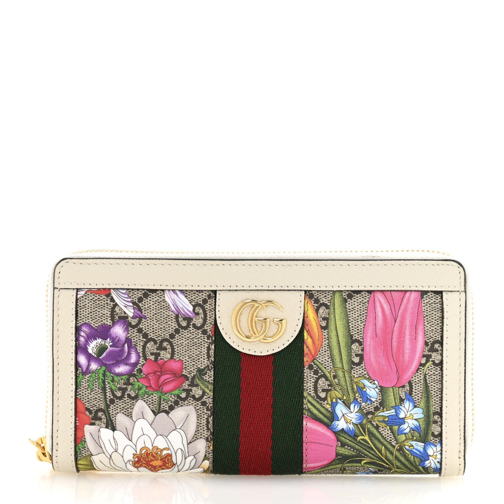 GG Supreme Monogram Flora Ophidia Zip Around Wallet White