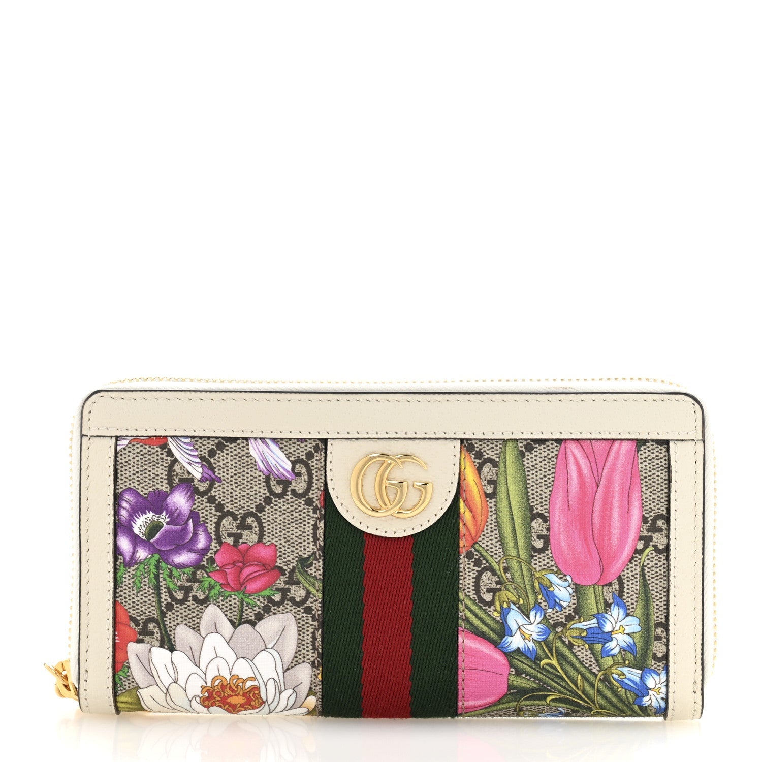 GG Supreme Monogram Flora Ophidia Zip Around Wallet White