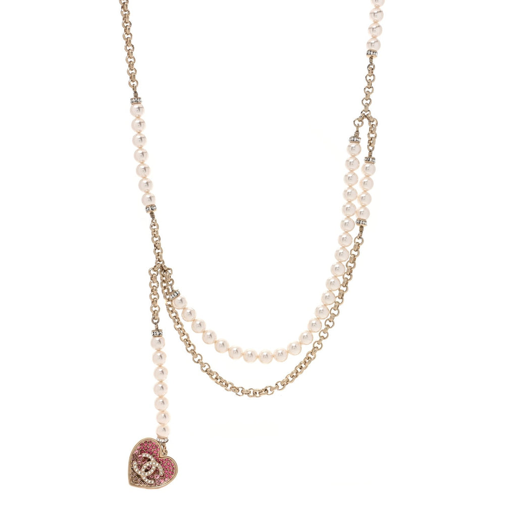 Pearl Crystal CC Heart Multi Strand Necklace Gold
