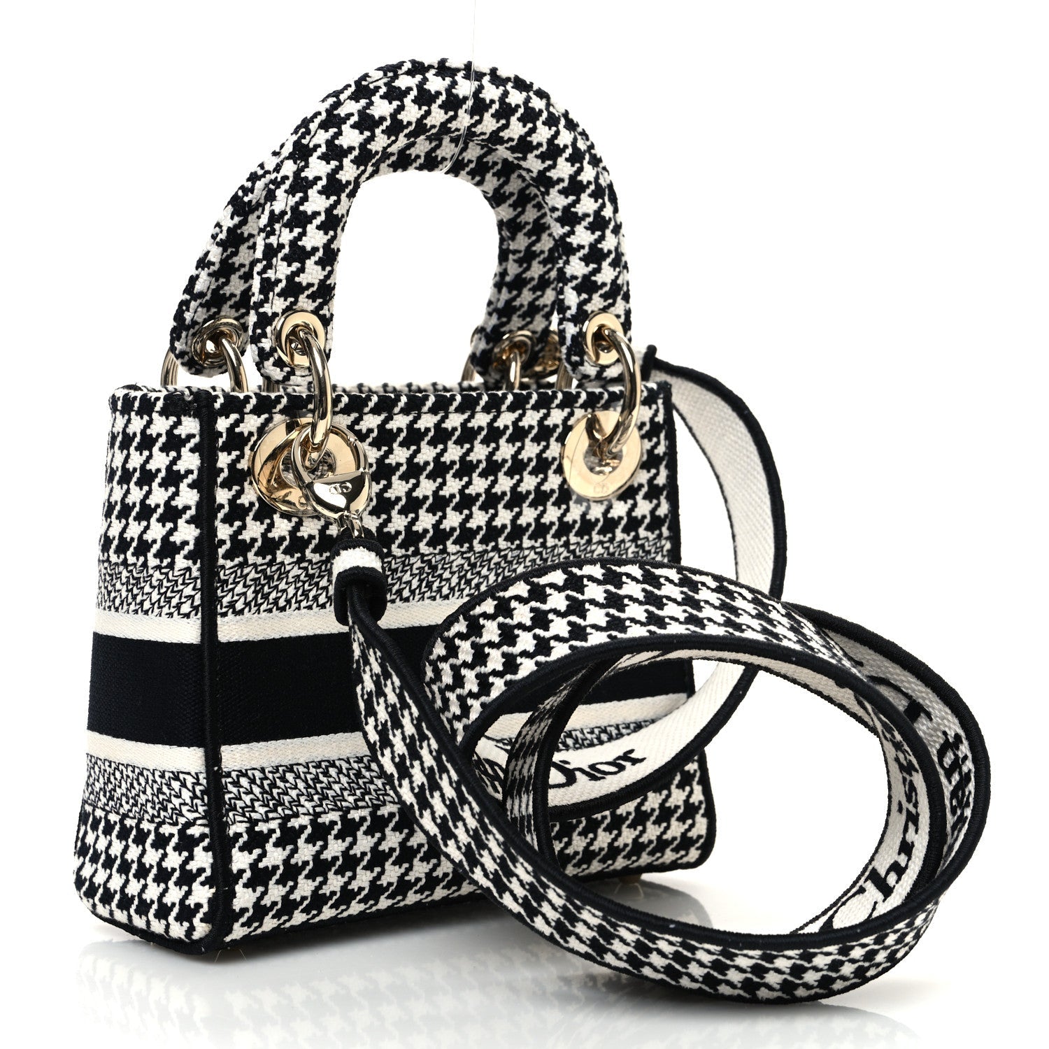 Canvas Houndstooth Embroidered Mini Lady D-Lite Black White