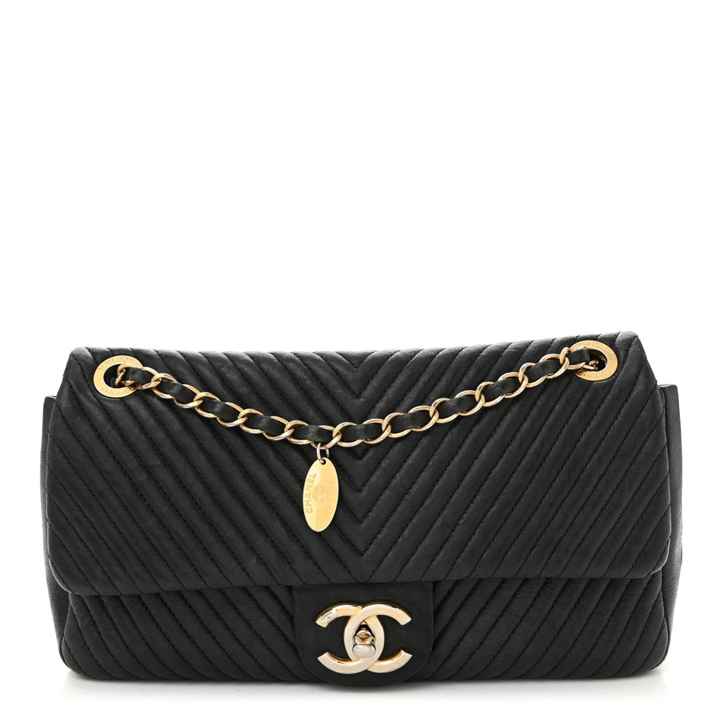 Calfskin Chevron Quilted Medium Surpique Flap Black
