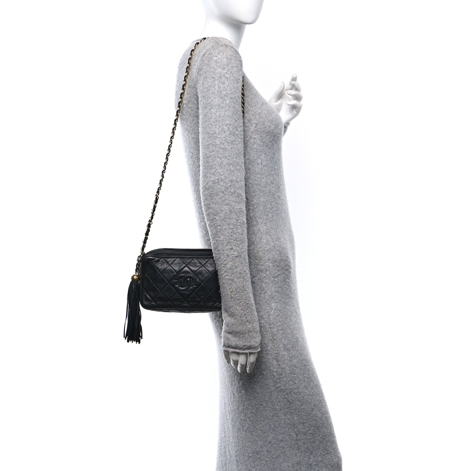 Lambskin Quilted CC Tassel Camera Case Black