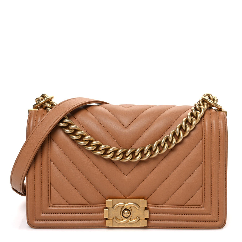 Calfskin Chevron Quilted Medium Boy Flap Beige