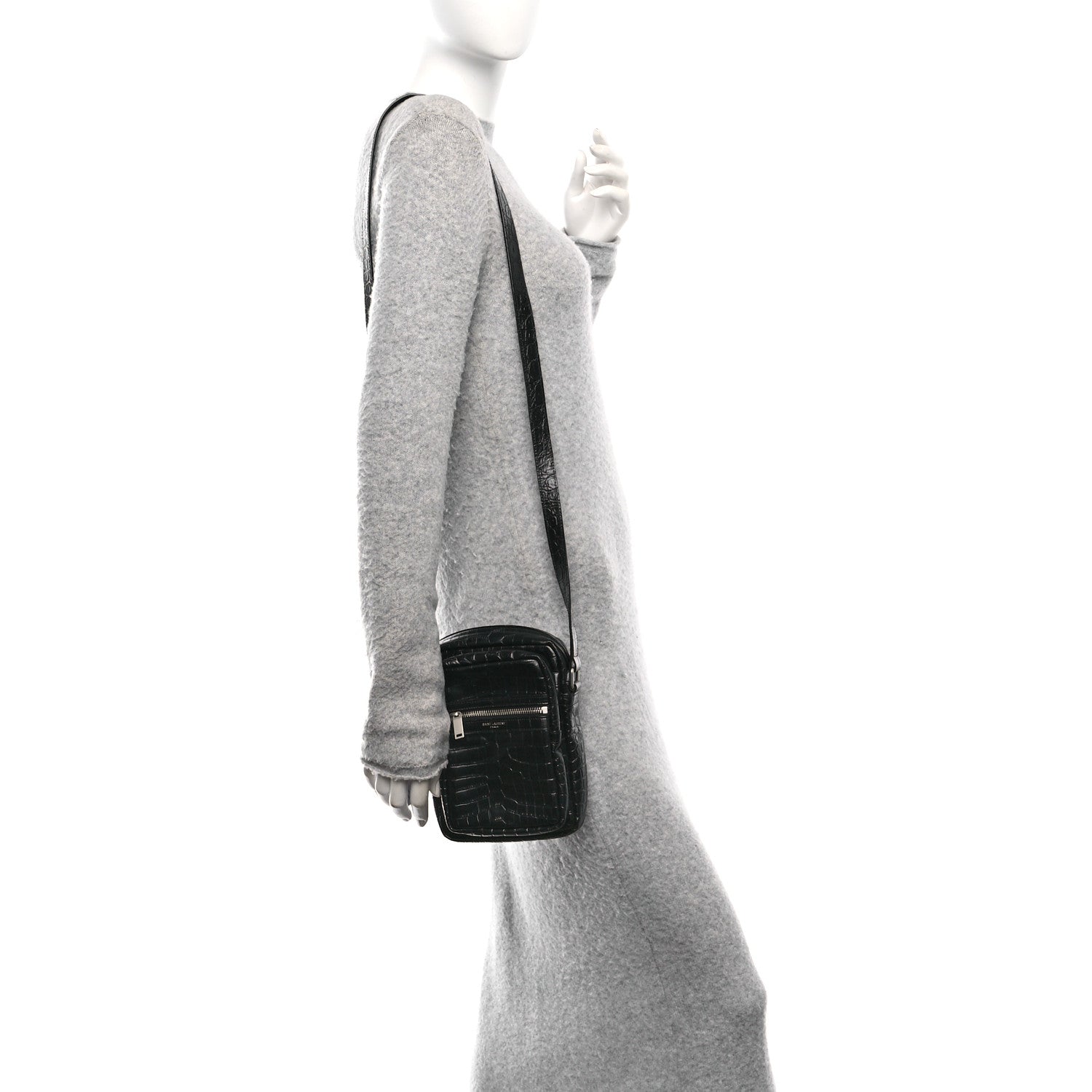 Calfskin Crocodile Embossed Sid Messenger Bag Black