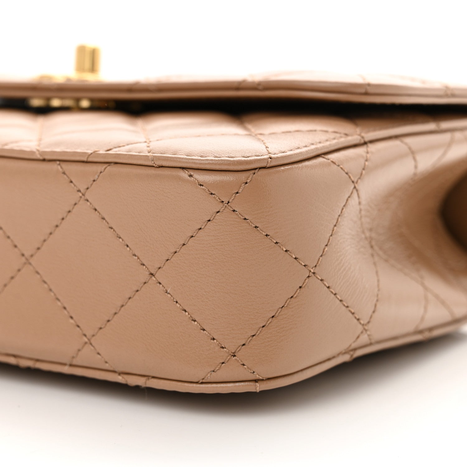 Shiny Calfskin Quilted Small Metal Chain Top Handle Flap Beige