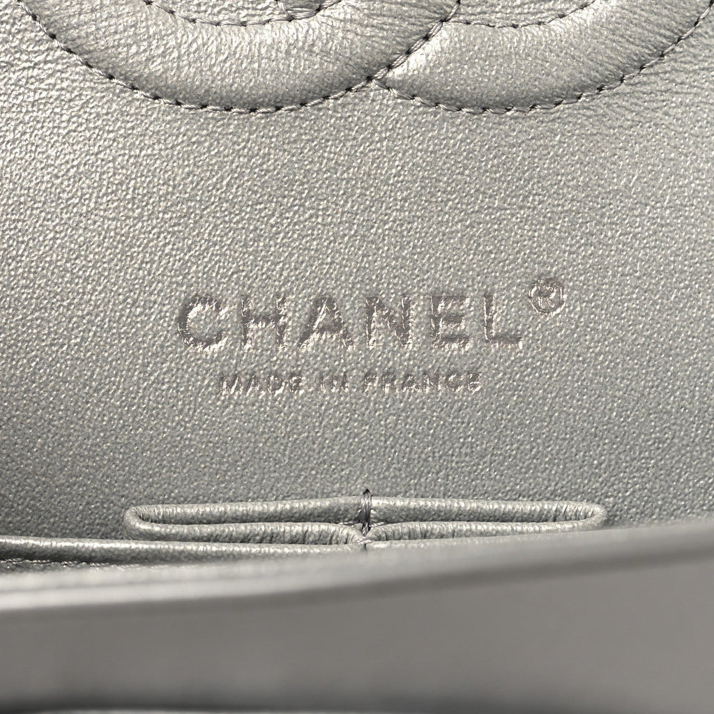 Metallic Patent Crumpled Calfskin Chevron Quilted Medium Double Flap Silver