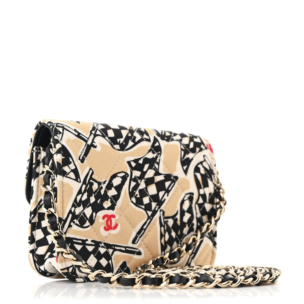 Canvas Check Flag Printed CC Clutch With Chain Beige Multicolor