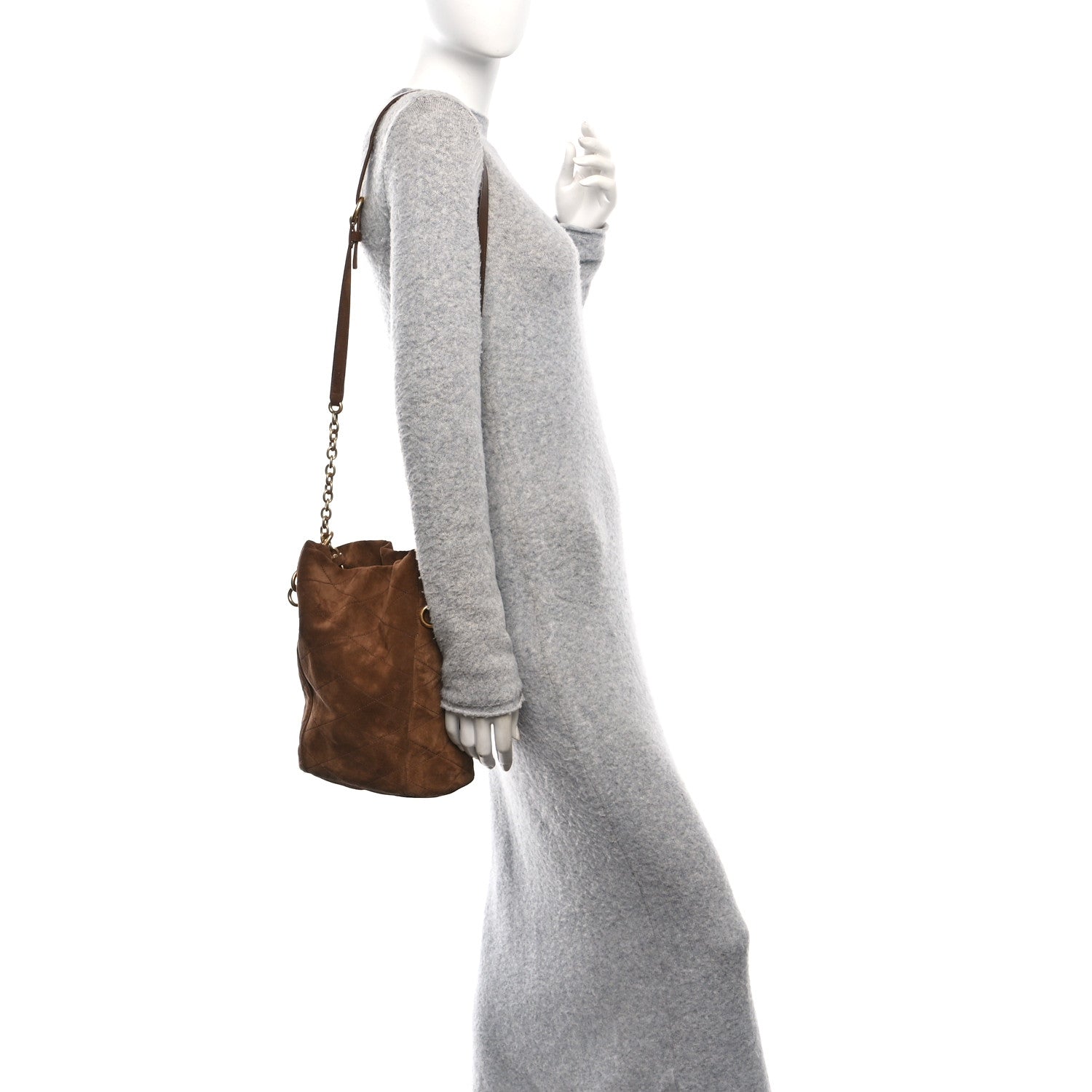 Suede Quilted Le Maillon Bucket Bag Brown
