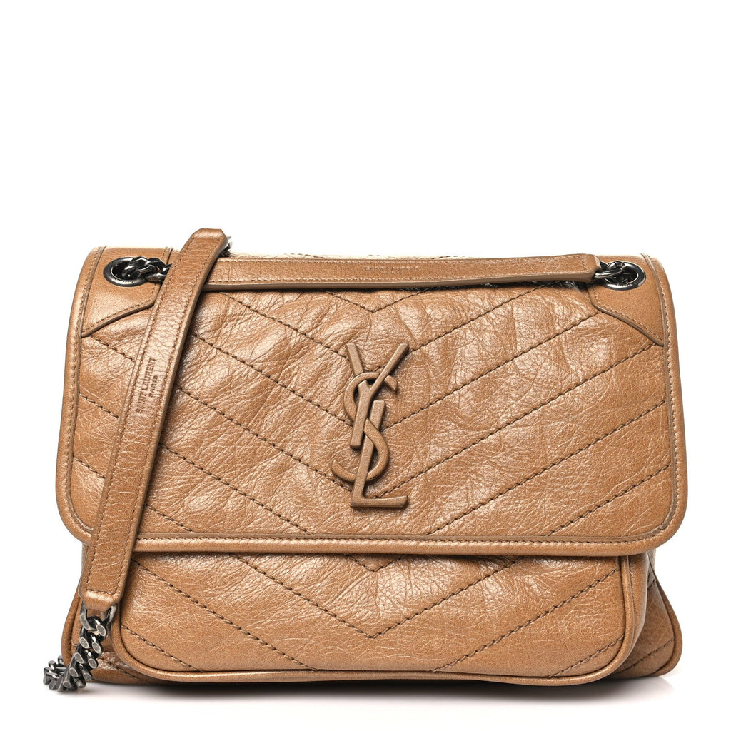 Crinkled Calfskin Matelasse Monogram Medium Niki Chain Satchel Natural Tan