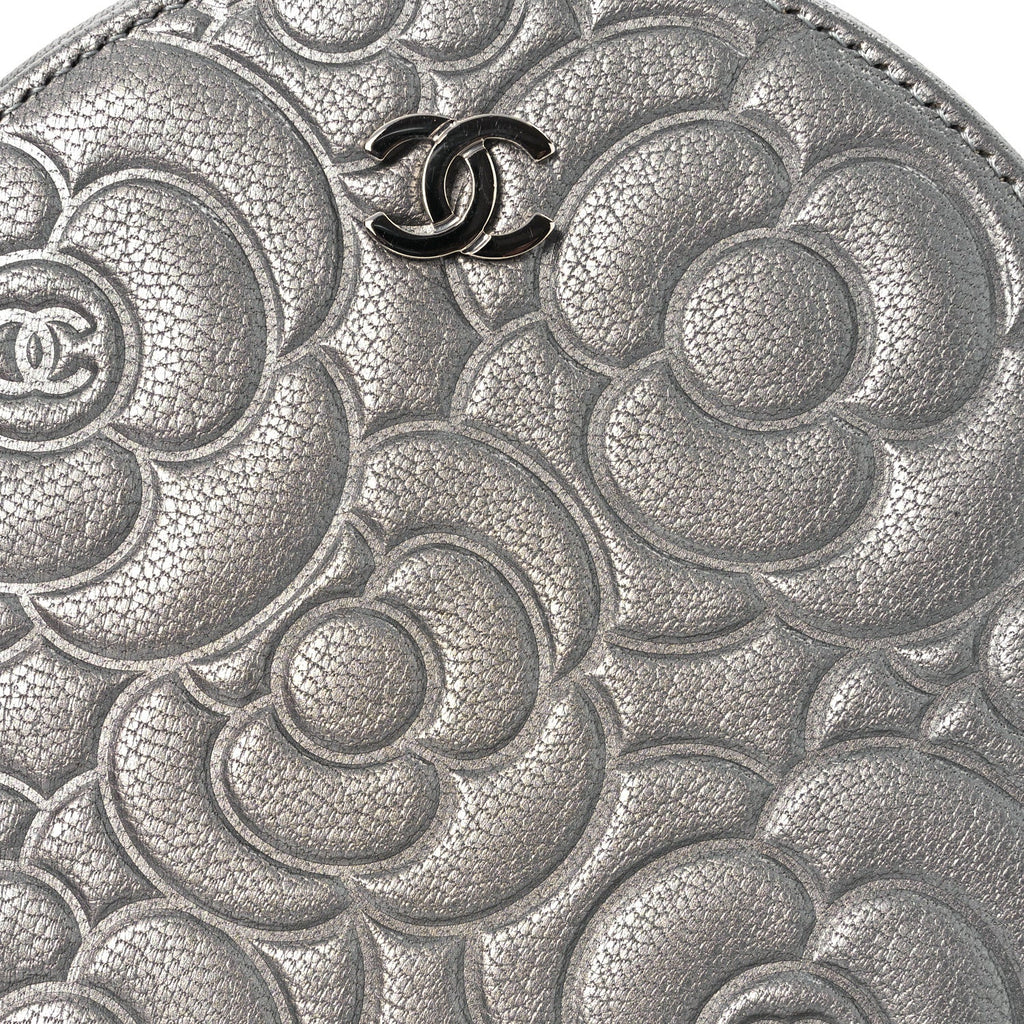 Goatskin Camellia Embossed Round Clutch With Chain Grey