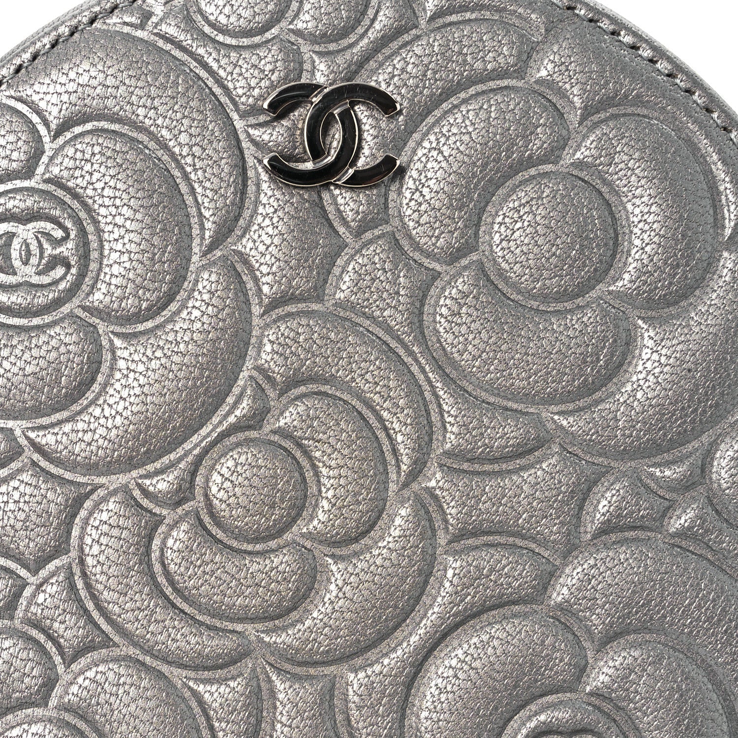 Goatskin Camellia Embossed Round Clutch With Chain Grey