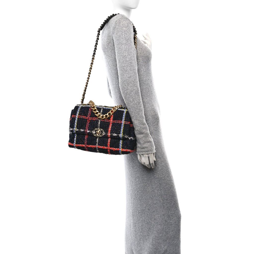 Tweed Quilted Large Chanel 19 Flap Black Orange Blue