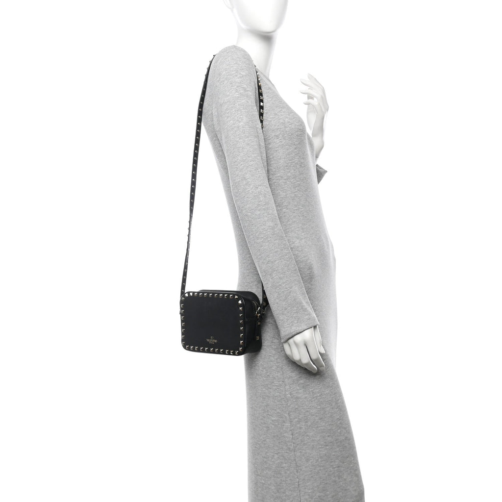 Calfskin Rockstud Camera Crossbody Bag Black