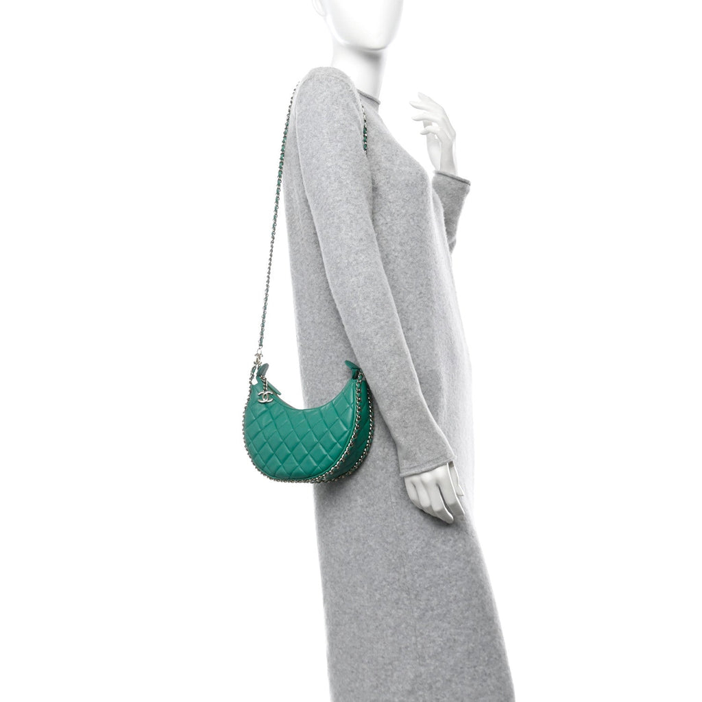 Lambskin Quilted Small Hobo Bag Green