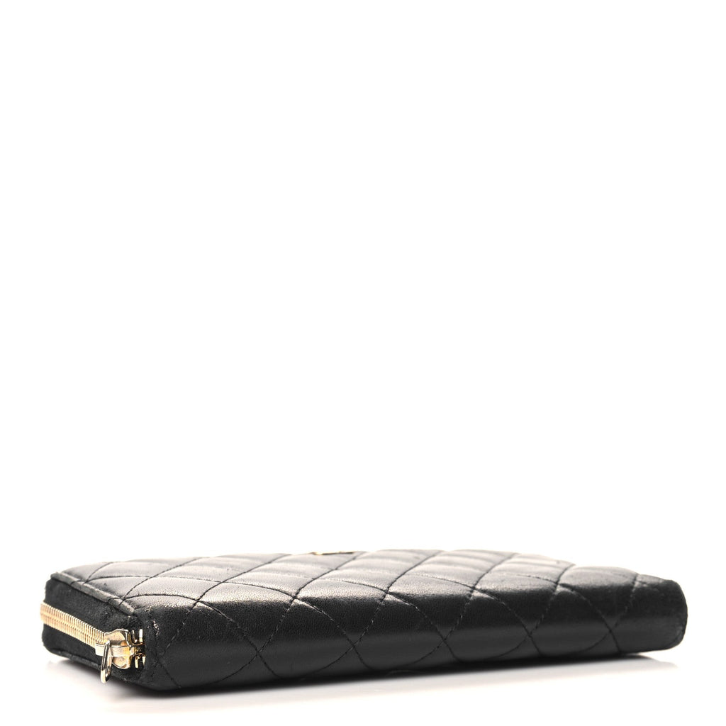 Lambskin Quilted Large Gusset Zip Around Wallet Black