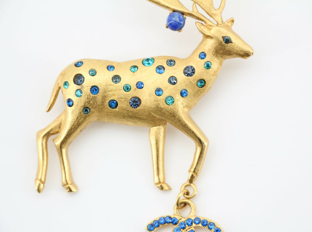 Chanel Vintage 01A Rhinestone Blue Golden Green Reindeer Brooch
