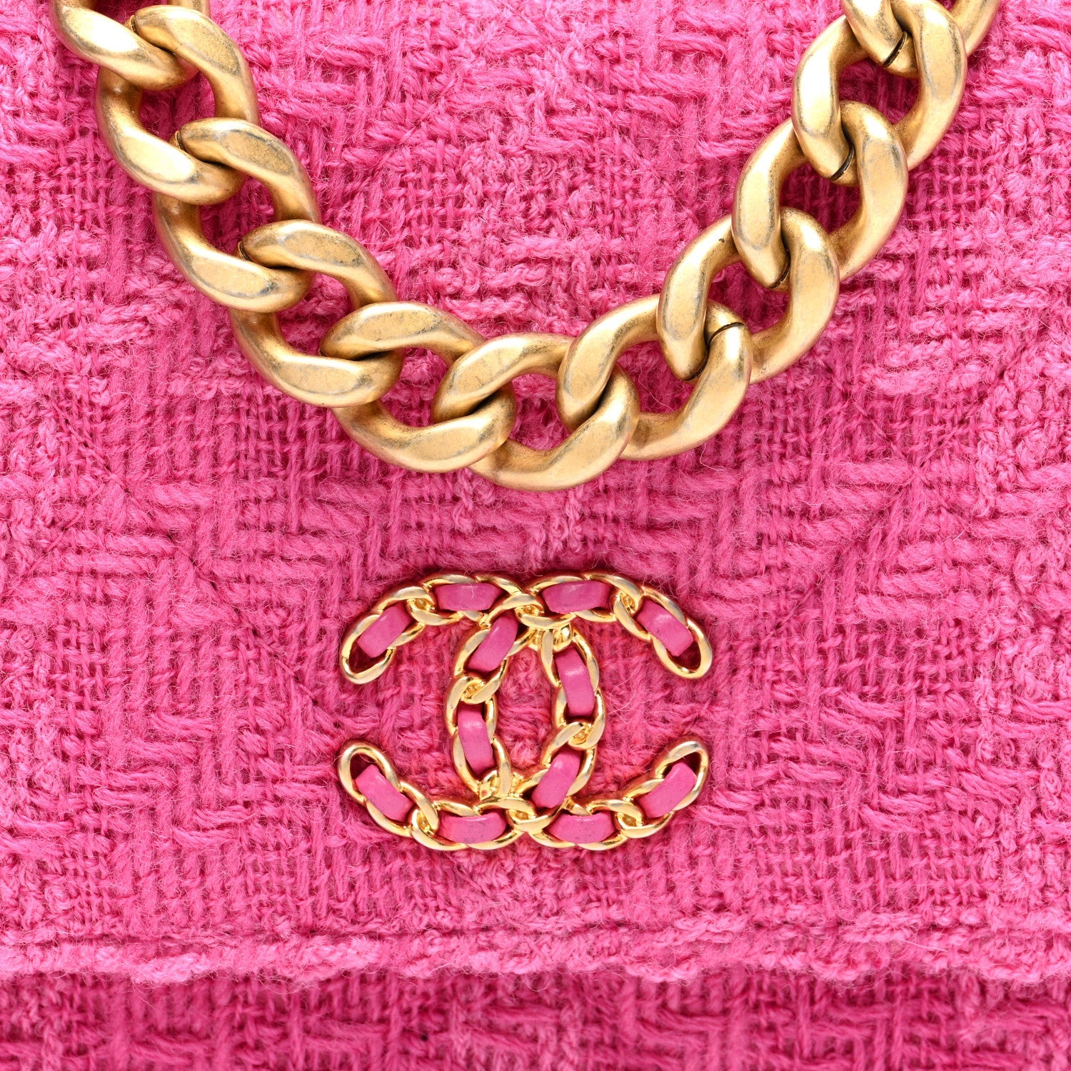 Wool Tweed Lambskin Quilted Chanel 19 Wallet On Chain WOC and Coin Purse  Fuchsia