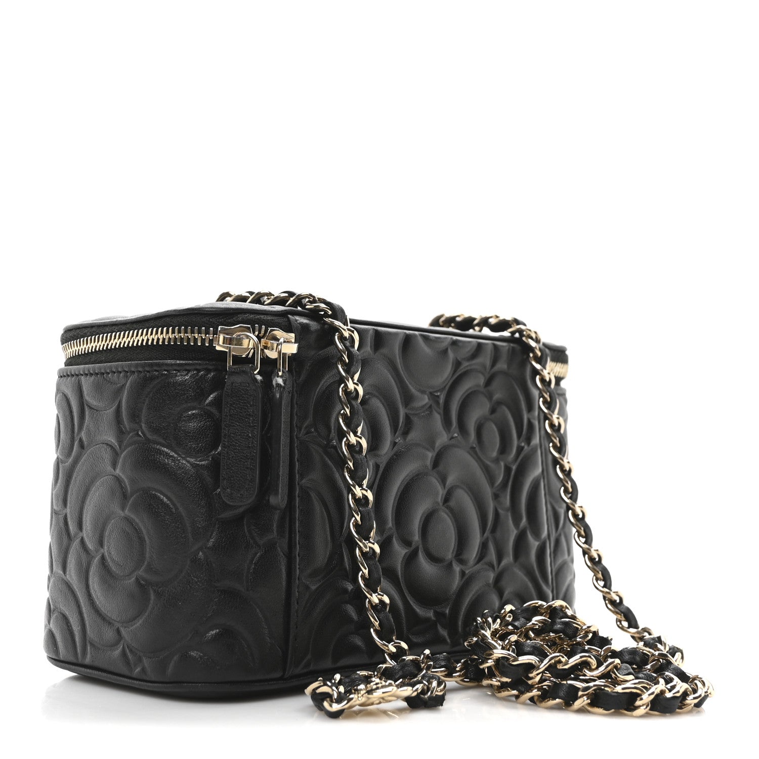 Lambskin Camellia Embossed Small Vanity Case With Chain Black