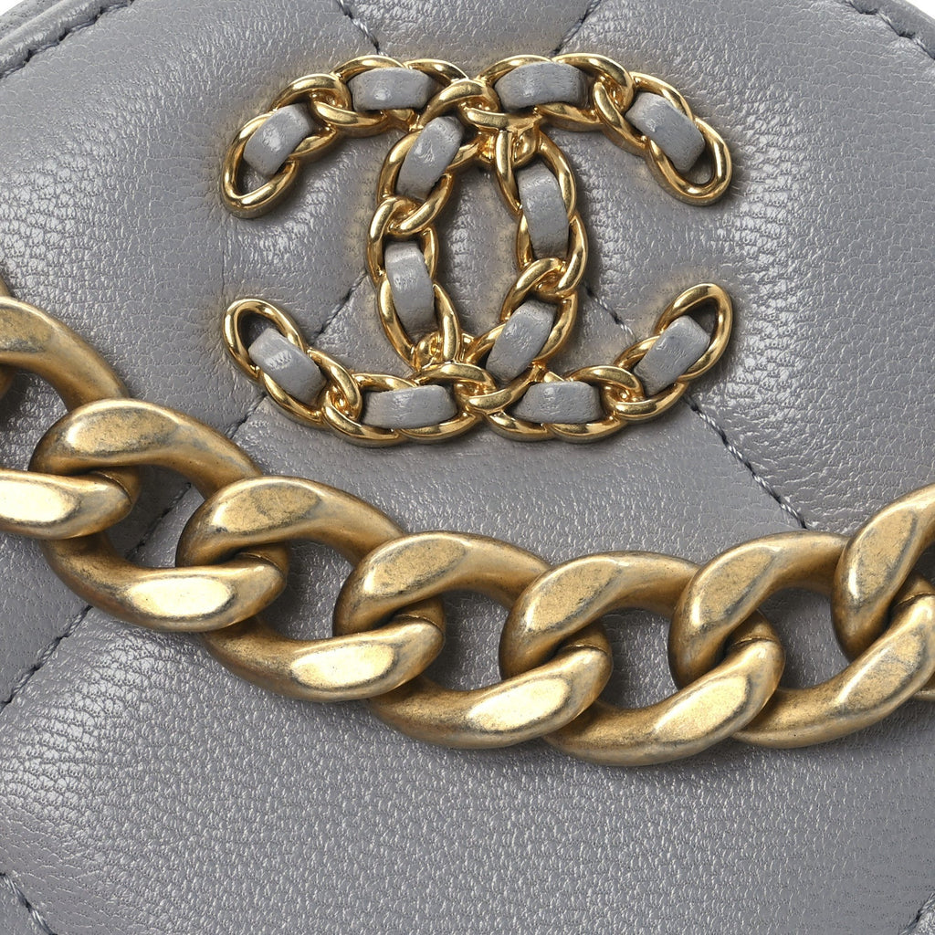 Lambskin Quilted Chanel 19 Round Clutch With Chain Grey