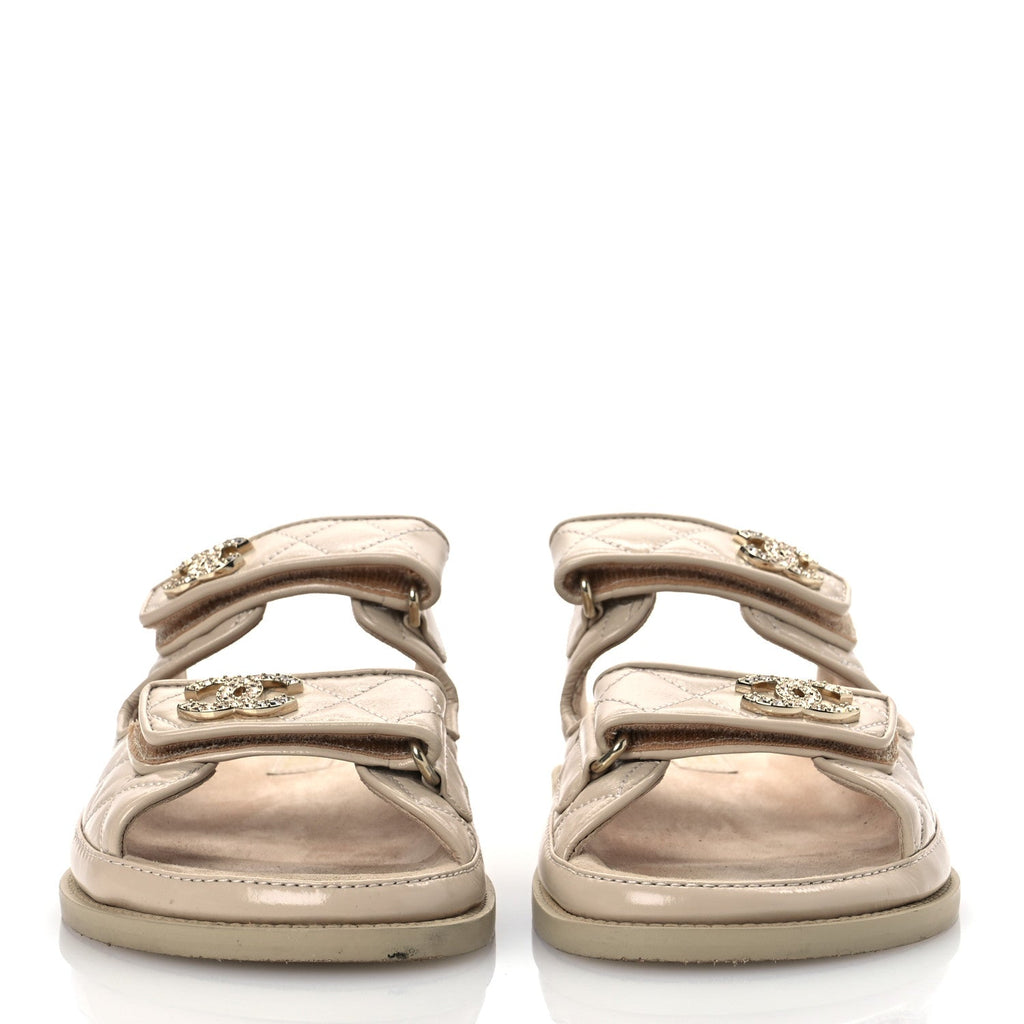 Shiny Calfskin Crystal Quilted Velcro Dad CC Slide Sandals 38 Light Beige