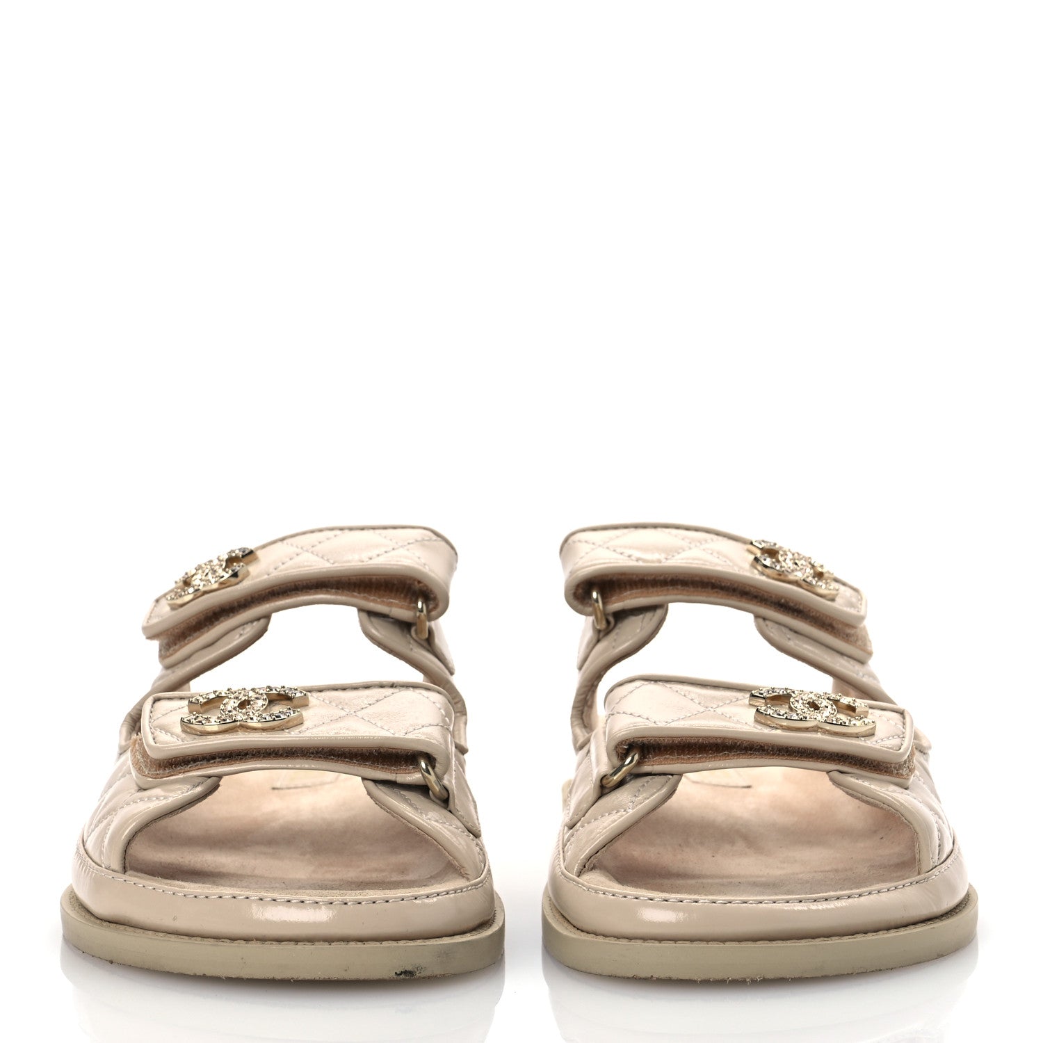 Shiny Calfskin Crystal Quilted Velcro Dad CC Slide Sandals 38 Light Beige