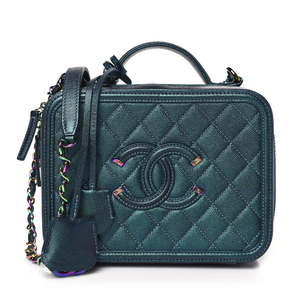 Iridescent Caviar Quilted Medium CC Filigree Vanity Case Dark Turquoise