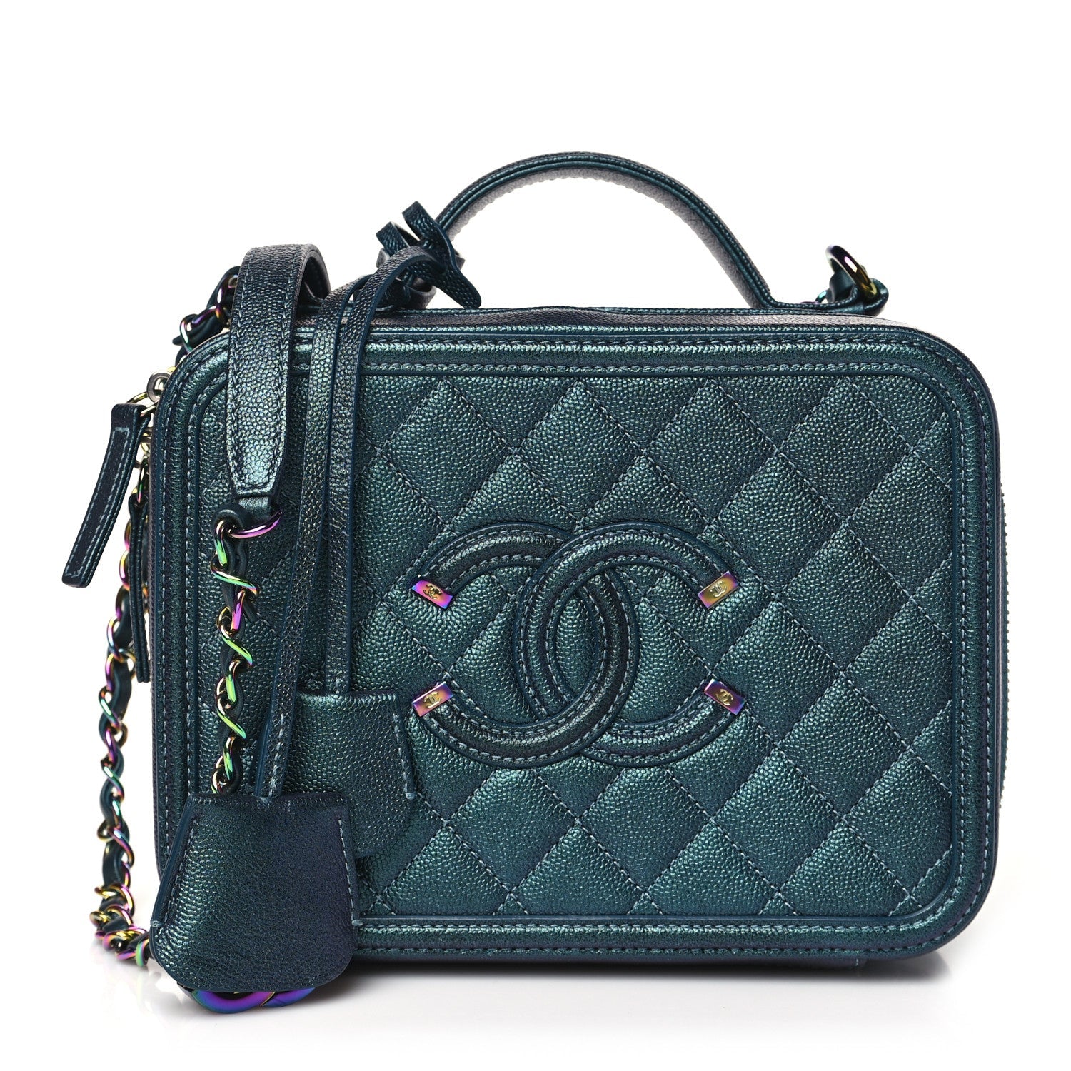 Iridescent Caviar Quilted Medium CC Filigree Vanity Case Dark Turquoise