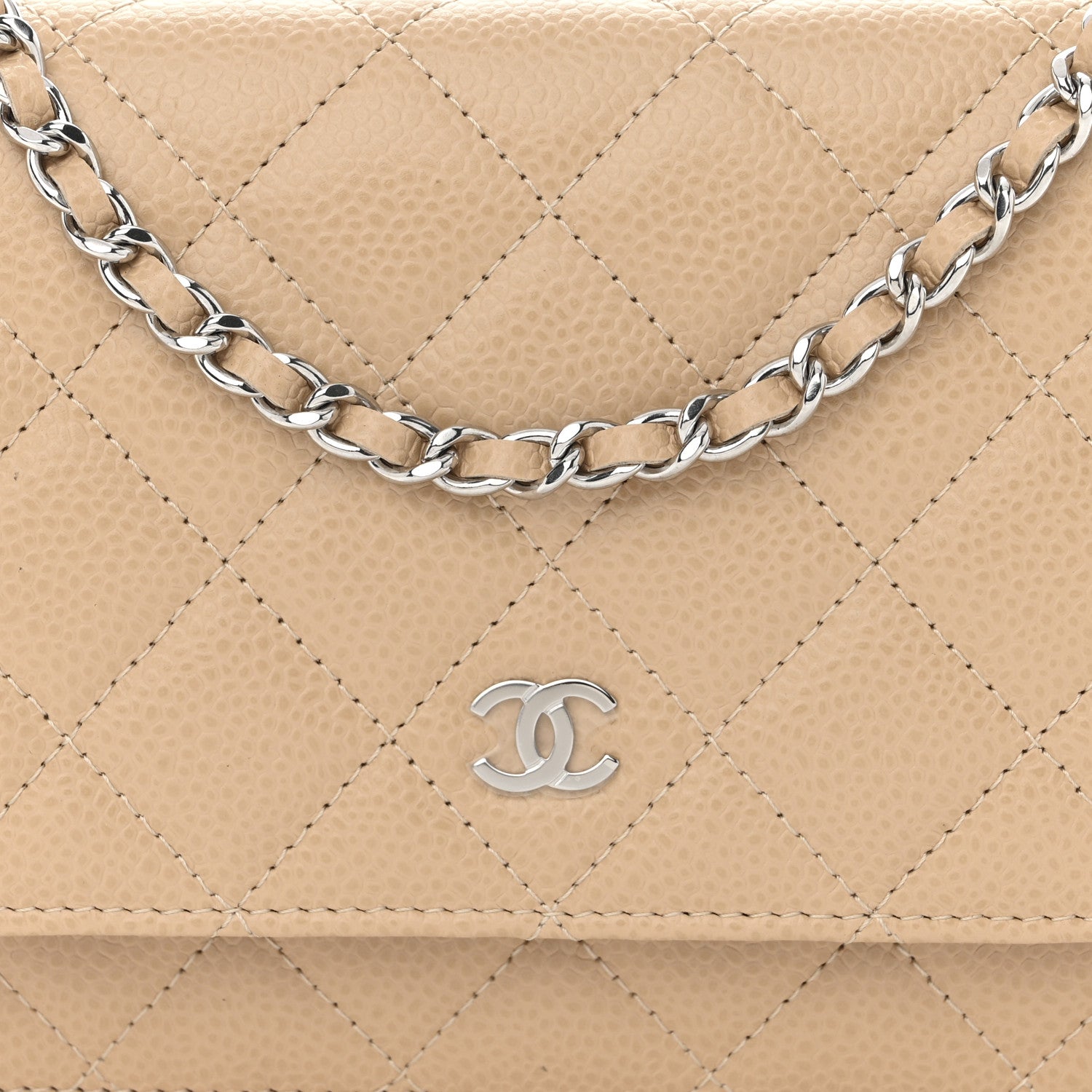 Caviar Quilted Wallet on Chain WOC Beige