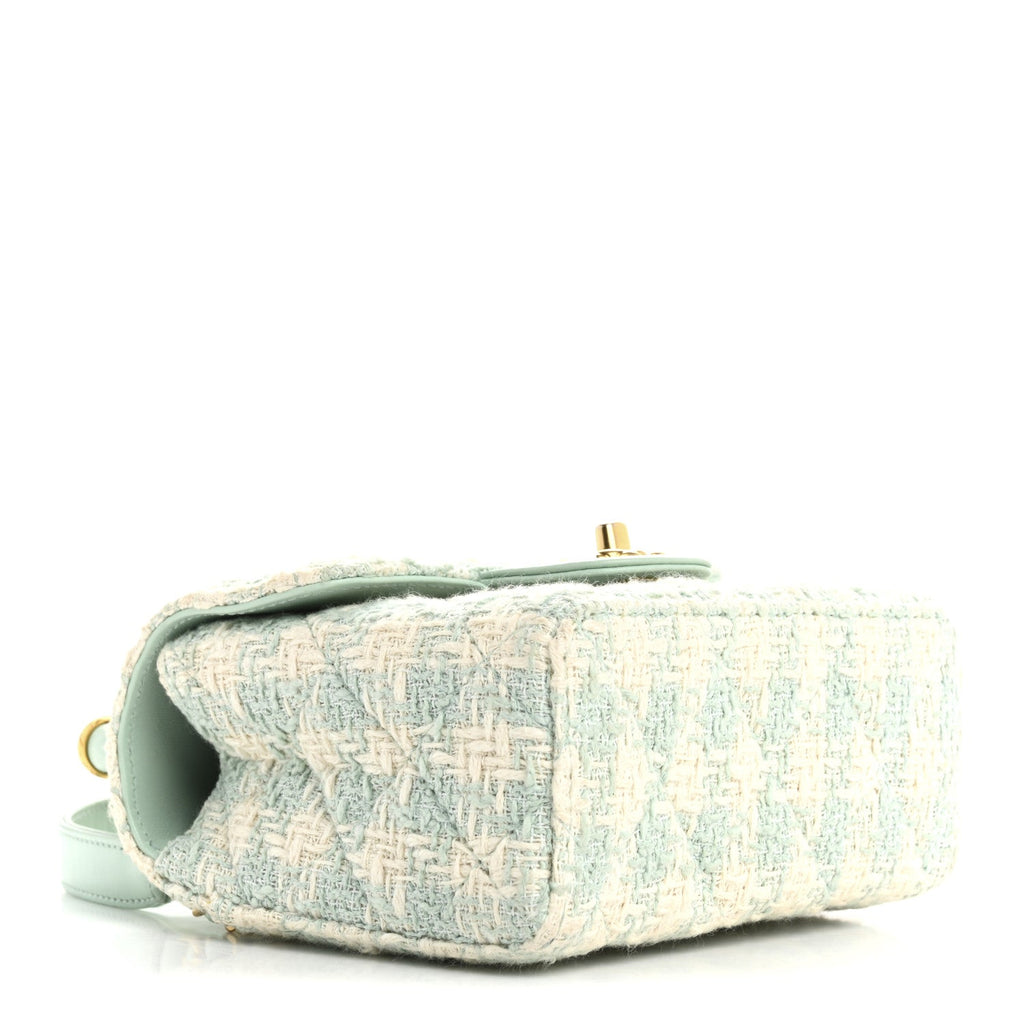 Tweed Handle Crush Top Handle Flap Bag Light Blue Ecru