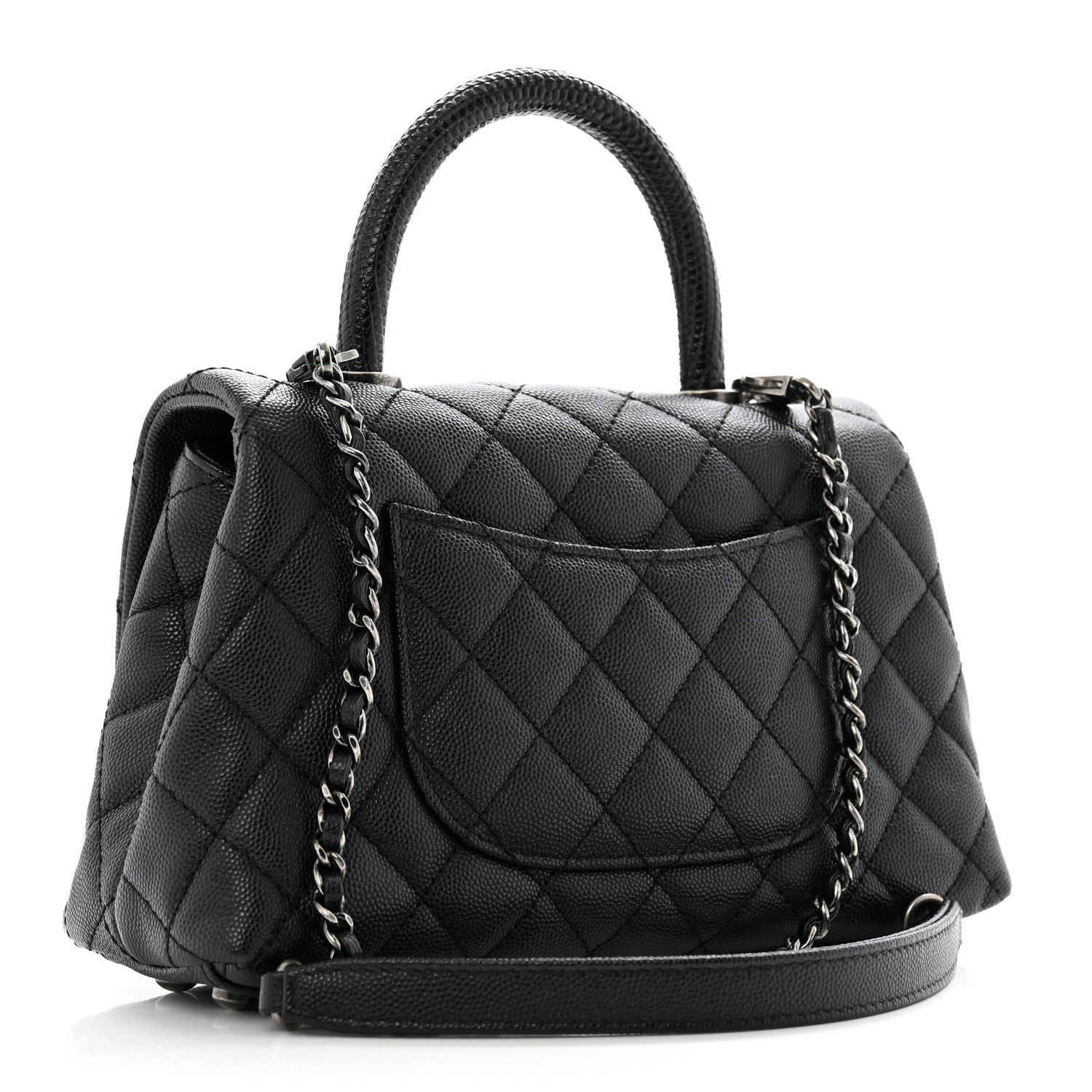 Caviar Lizard Embossed Quilted Mini Coco Handle Flap Black