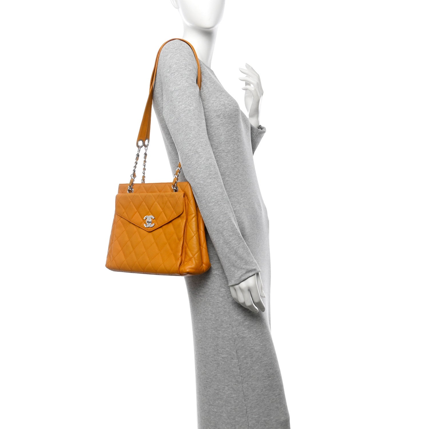 Caviar Quilted Pocket Shopping Tote Orange