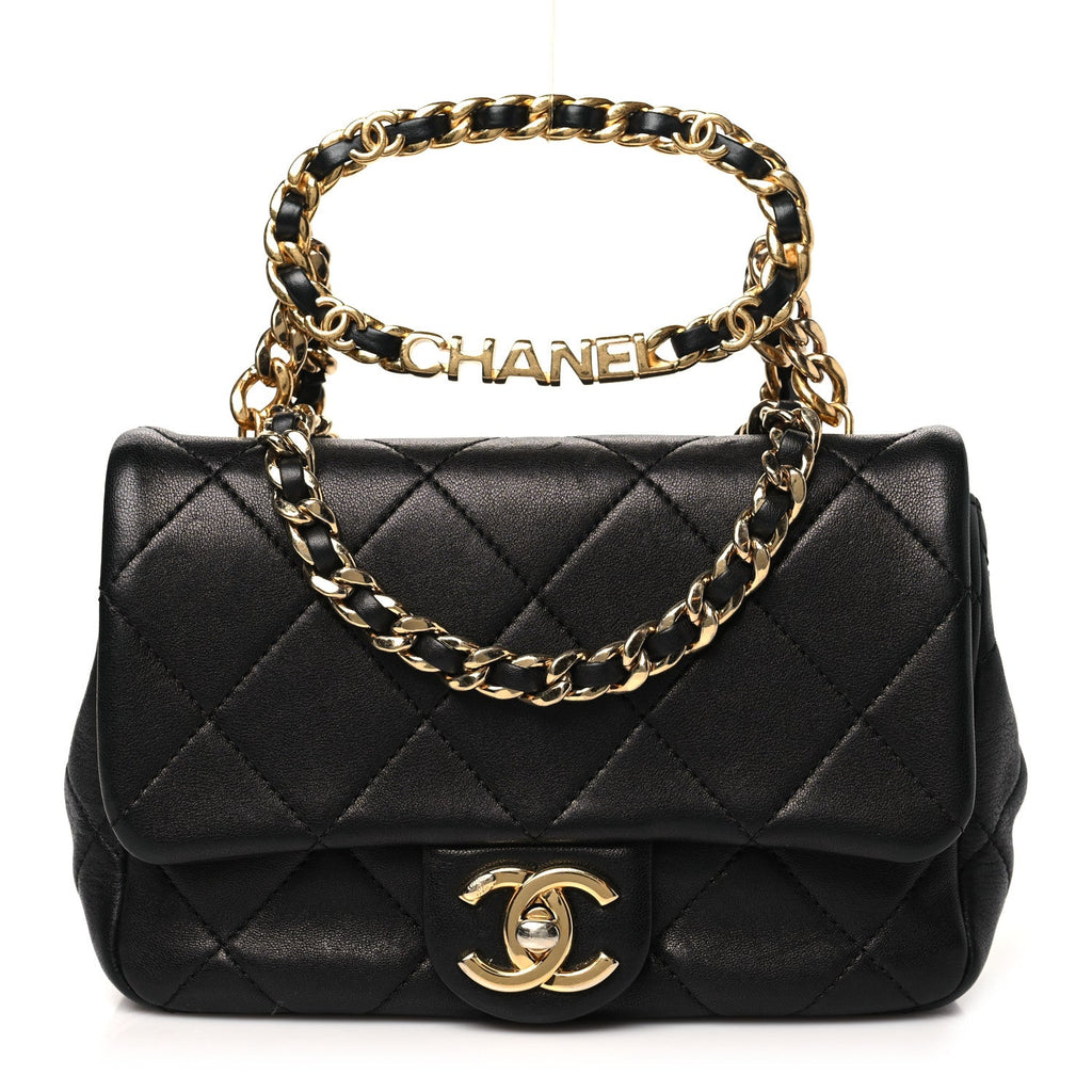 Lambskin Metal Quilted Mini Top Handle Square Flap Black