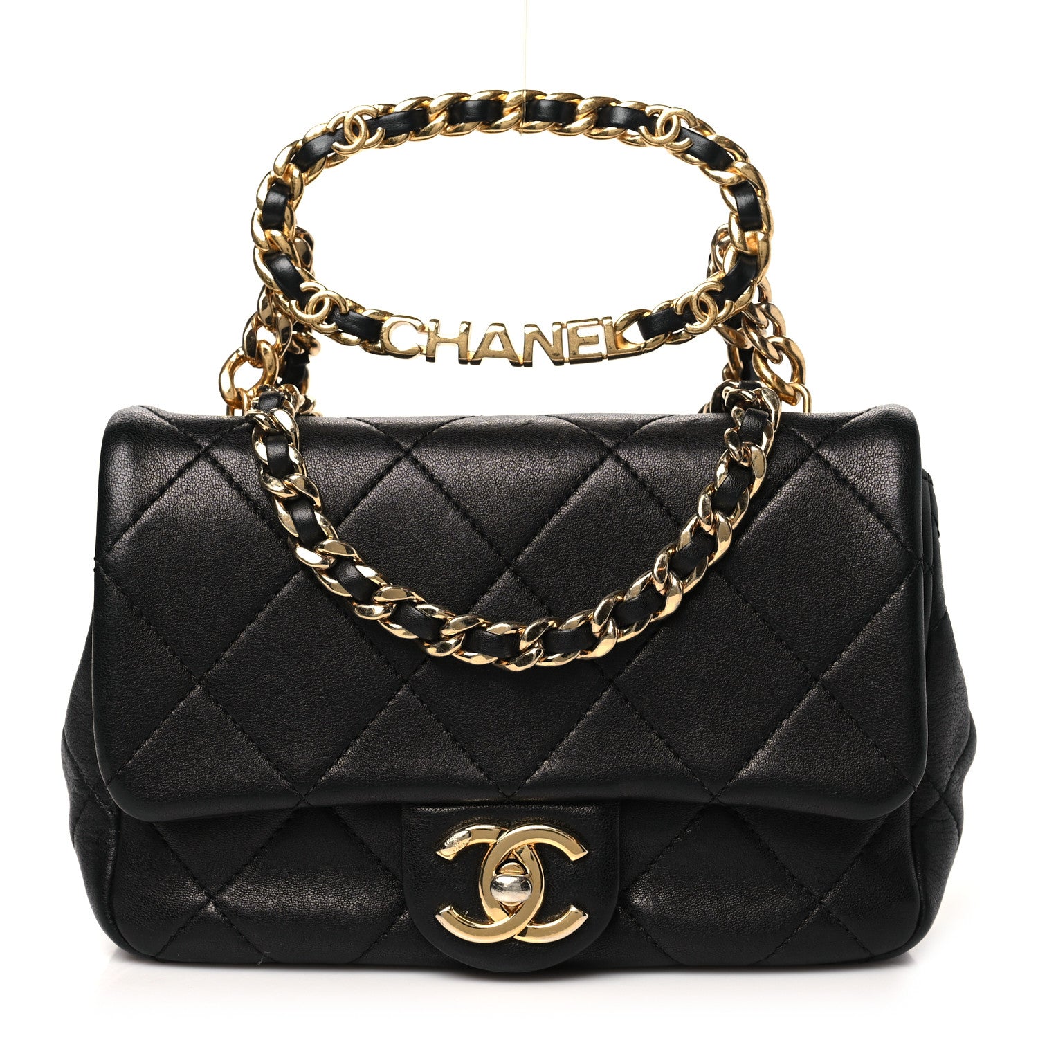 Lambskin Metal Quilted Mini Top Handle Square Flap Black