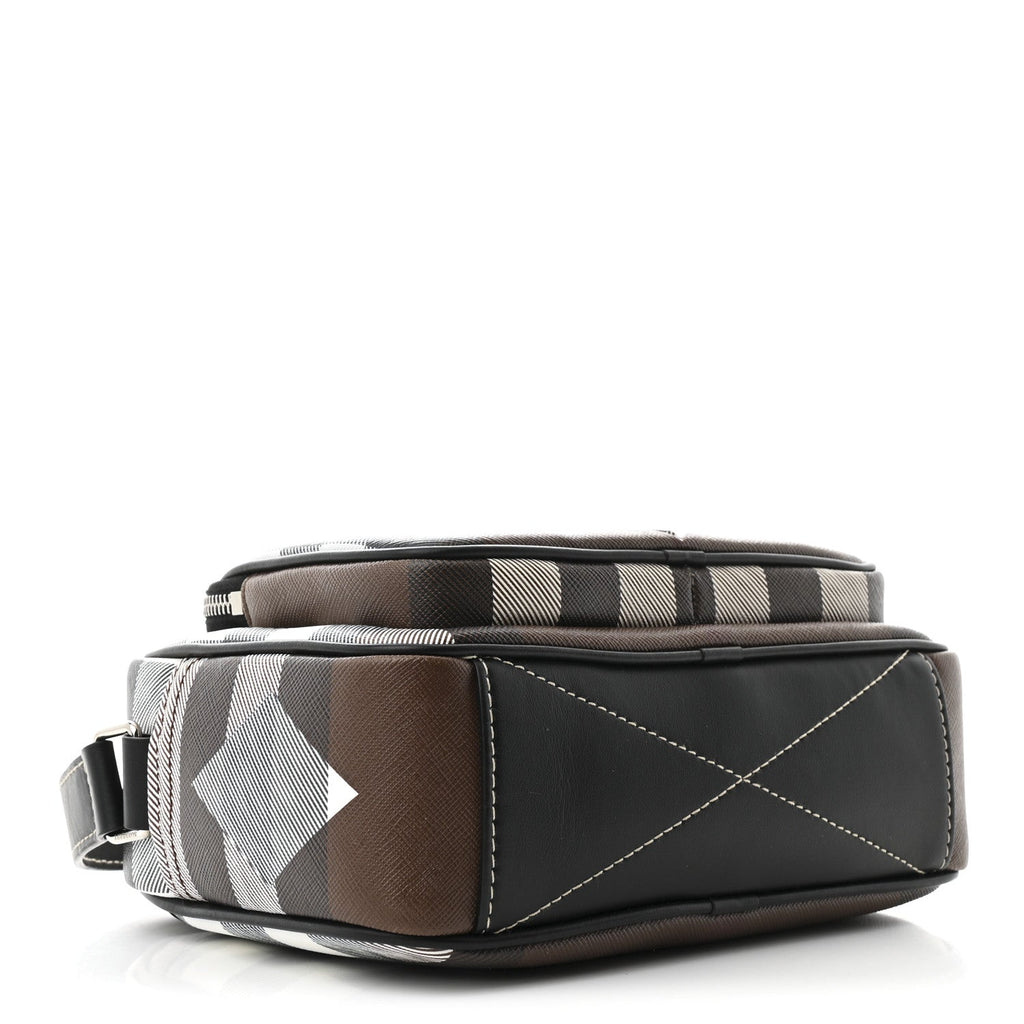 E-Canvas Calfskin Geometric Check Paddy Messenger Dark Birch Brown White