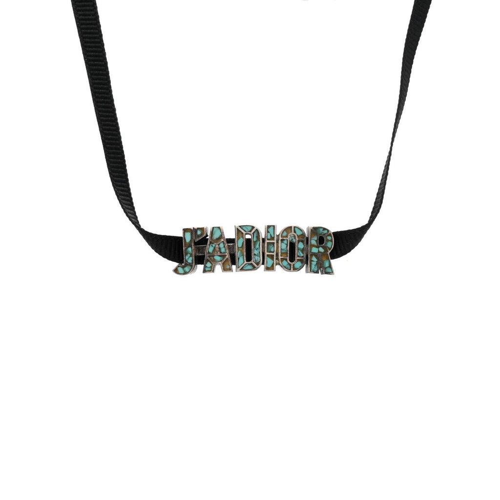Grosgrain Ribbon Turquoise J'Adior Logo Choker Necklace Black