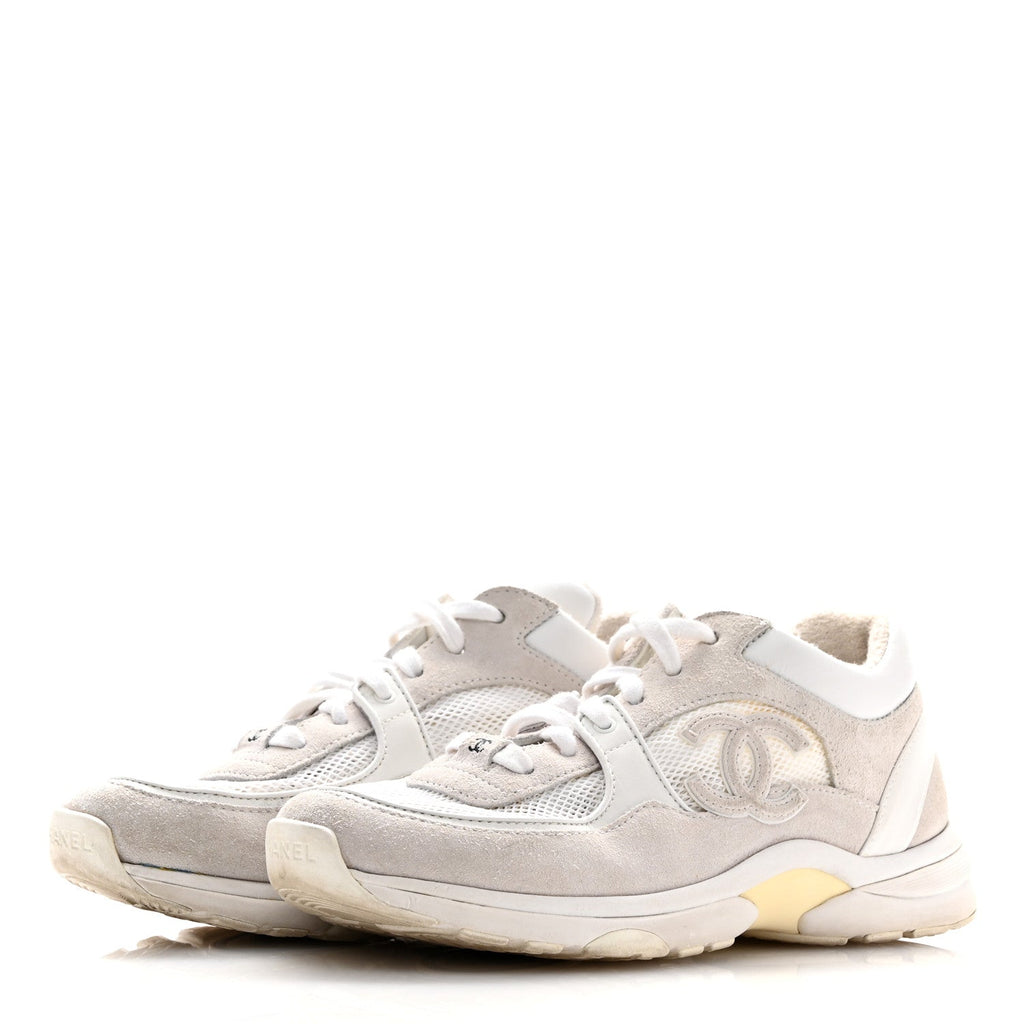 Mesh Suede Calfskin Grained Calfskin Womens CC Sneakers 39 White Grey