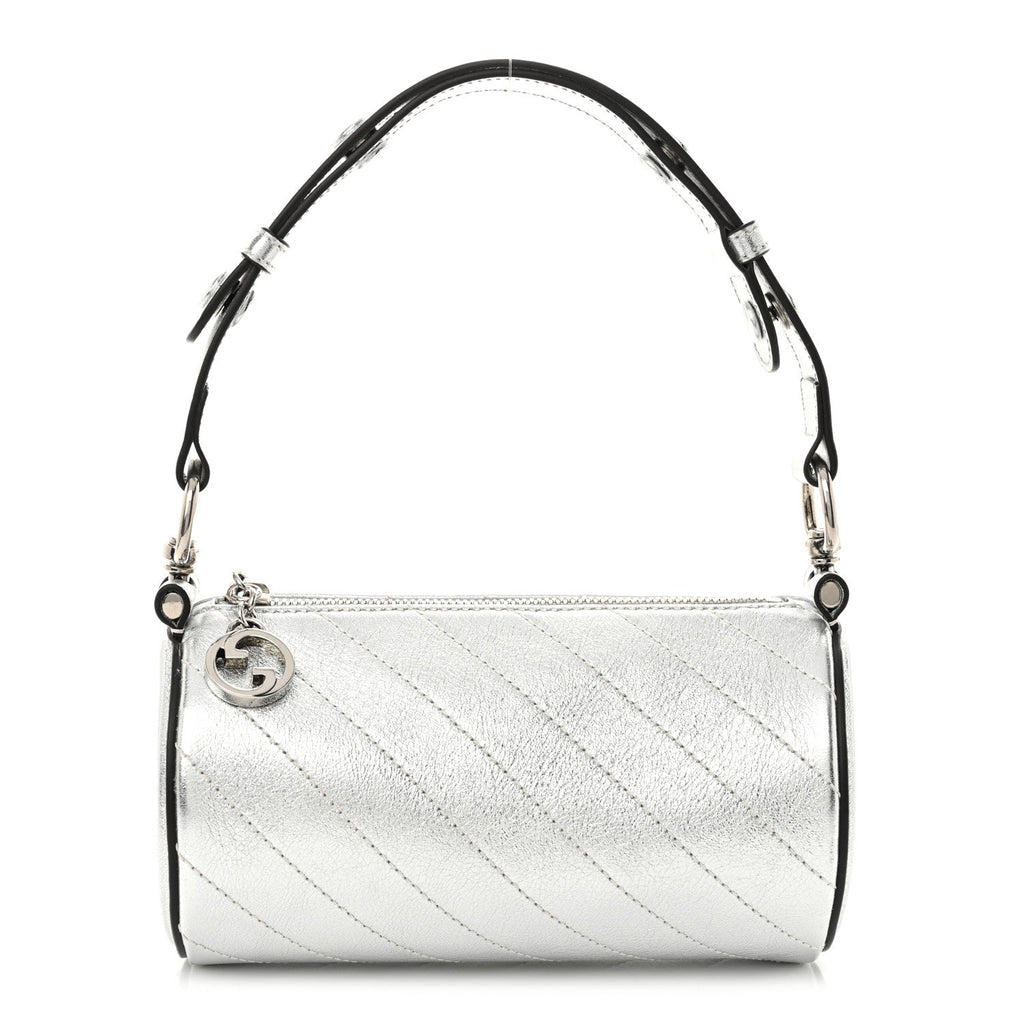 Sakai Be Green Calfskin Diagonal Stitched Mini Blondie Barrel Shoulder Bag Silver
