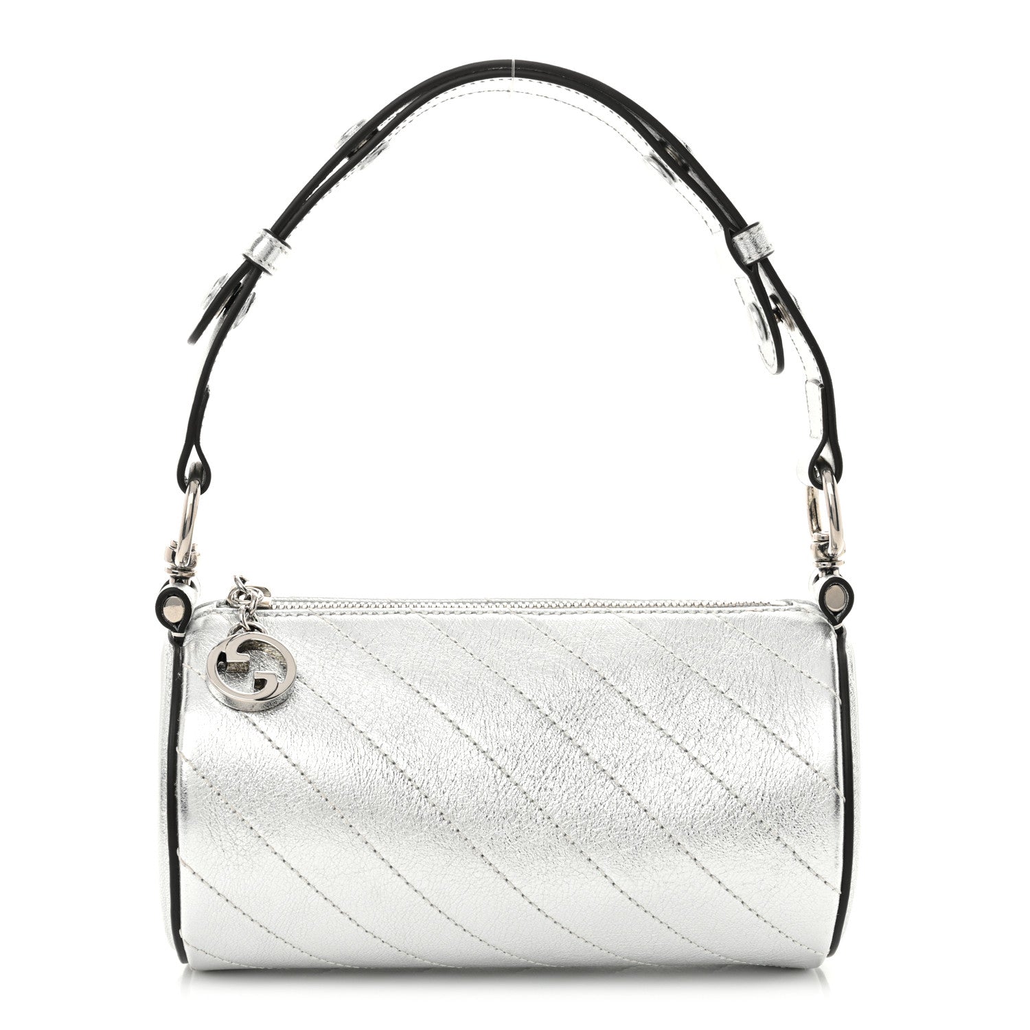 Sakai Be Green Calfskin Diagonal Stitched Mini Blondie Barrel Shoulder Bag Silver