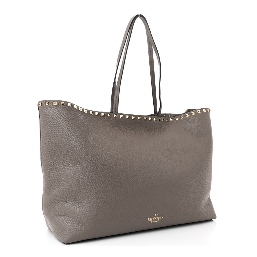 Grained Calfskin Small Rockstud Shoulder Tote Dove Gray