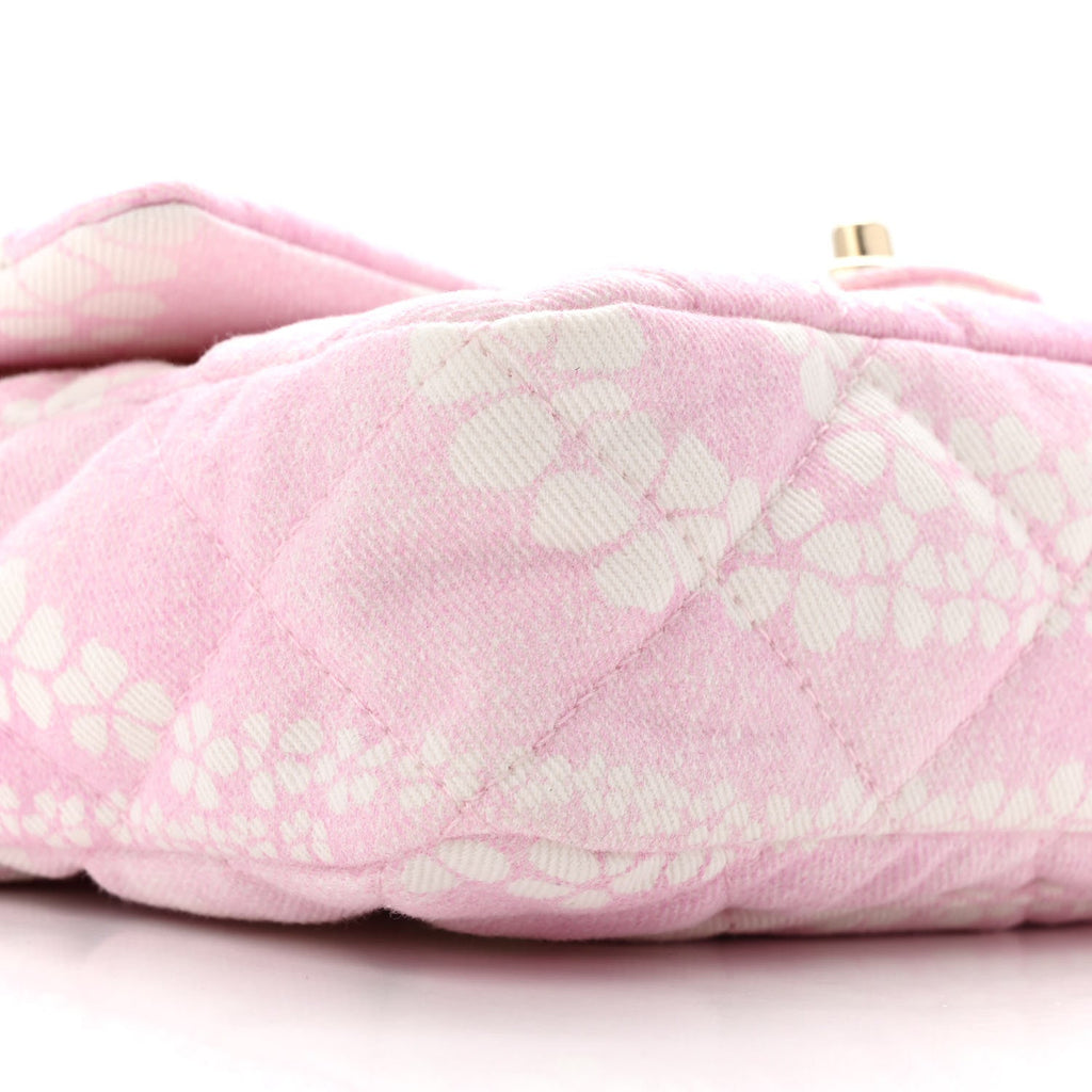 Printed Denim Quilted Flap Bag Pink White