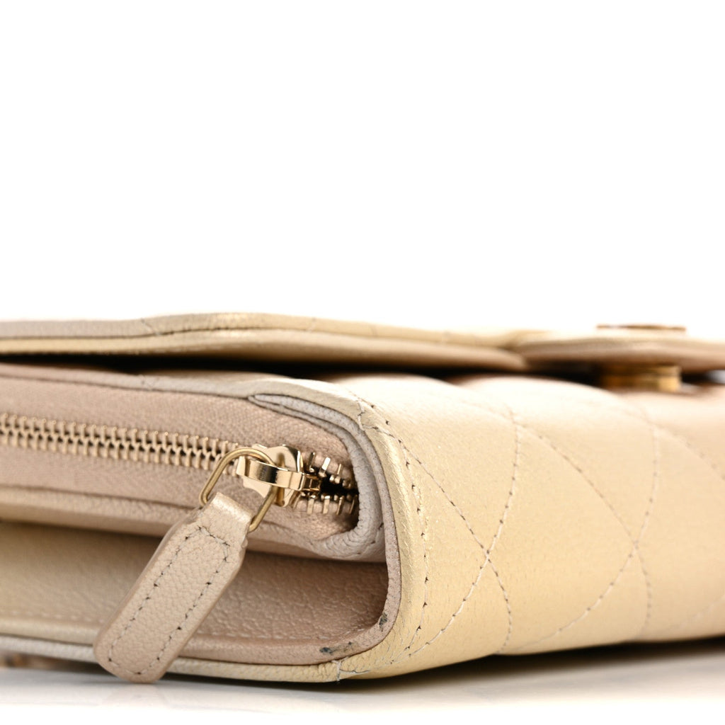 Metallic Goatskin Quilted Phone Holder Wallet on Removable Chain  Gold