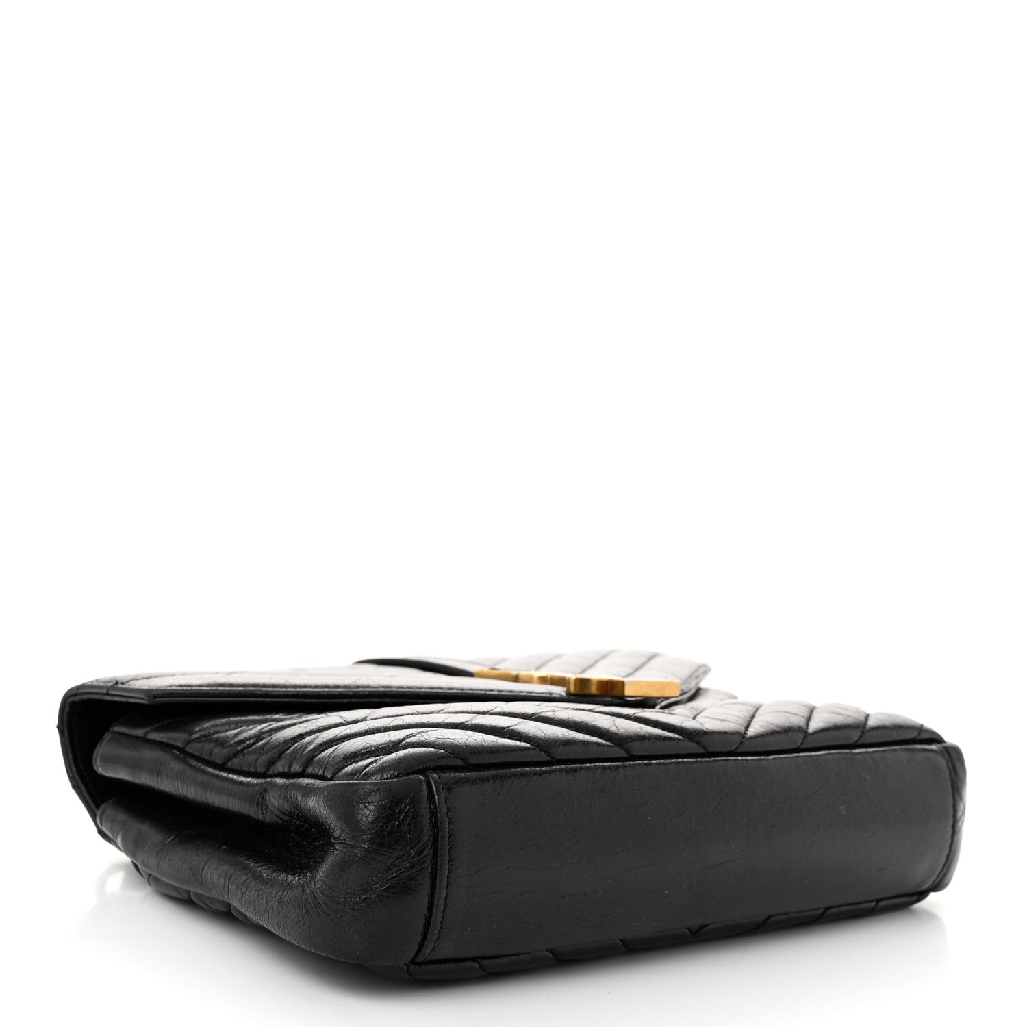 Cracked Shiny Calfskin Matelasse Chevron Monogram Medium College Bag Black
