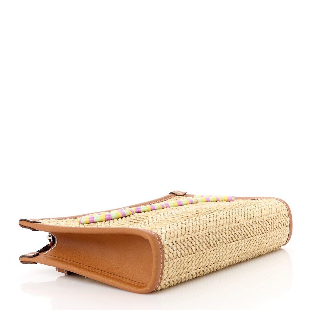 Straw Effect Raffia Calfskin Logo Wristlet Pouch Brown Multicolor