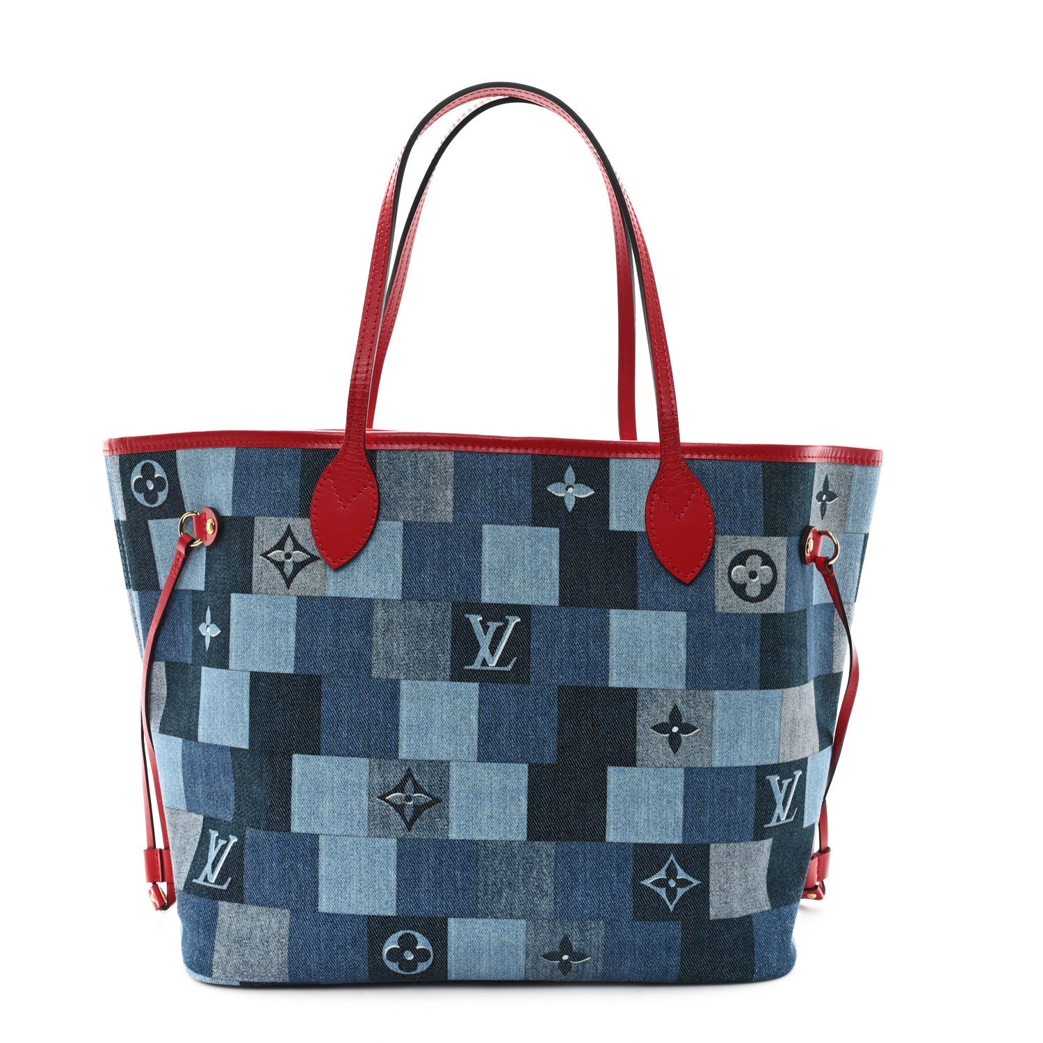 Denim Damier Monogram Patchwork Neverfull Blue Rouge